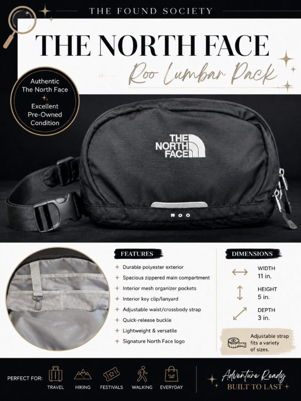 The North Face Roo Lumbar Pack Belt Bag Black Adjustable Waist Pack EUC